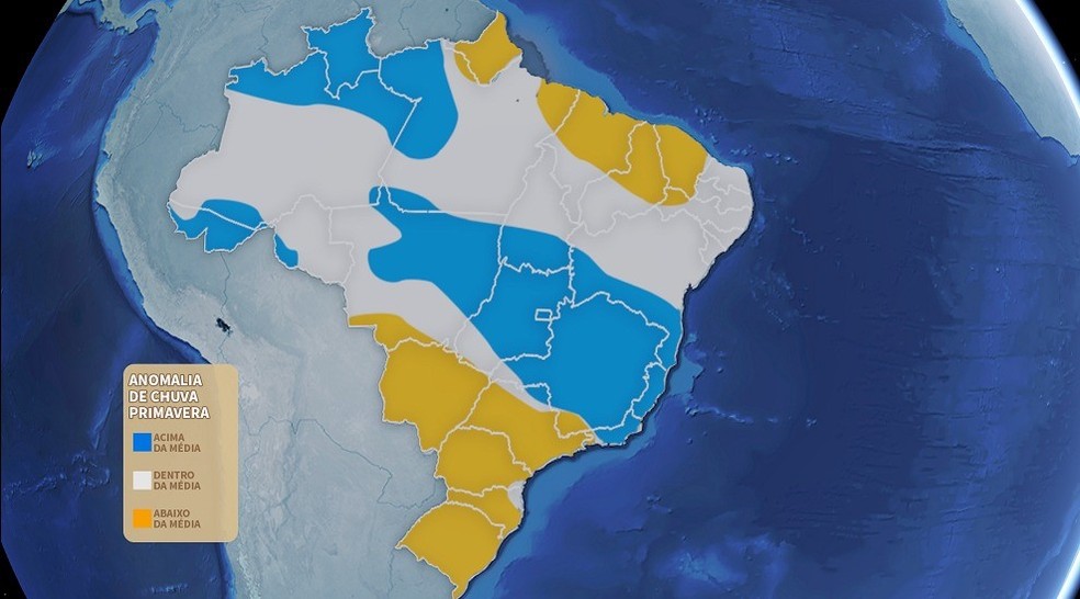 De acordo com a Somar, toda a região Sul do país deve ter menos chuvas do que a média na primavera — Foto: Arte/Somar Meteorologia