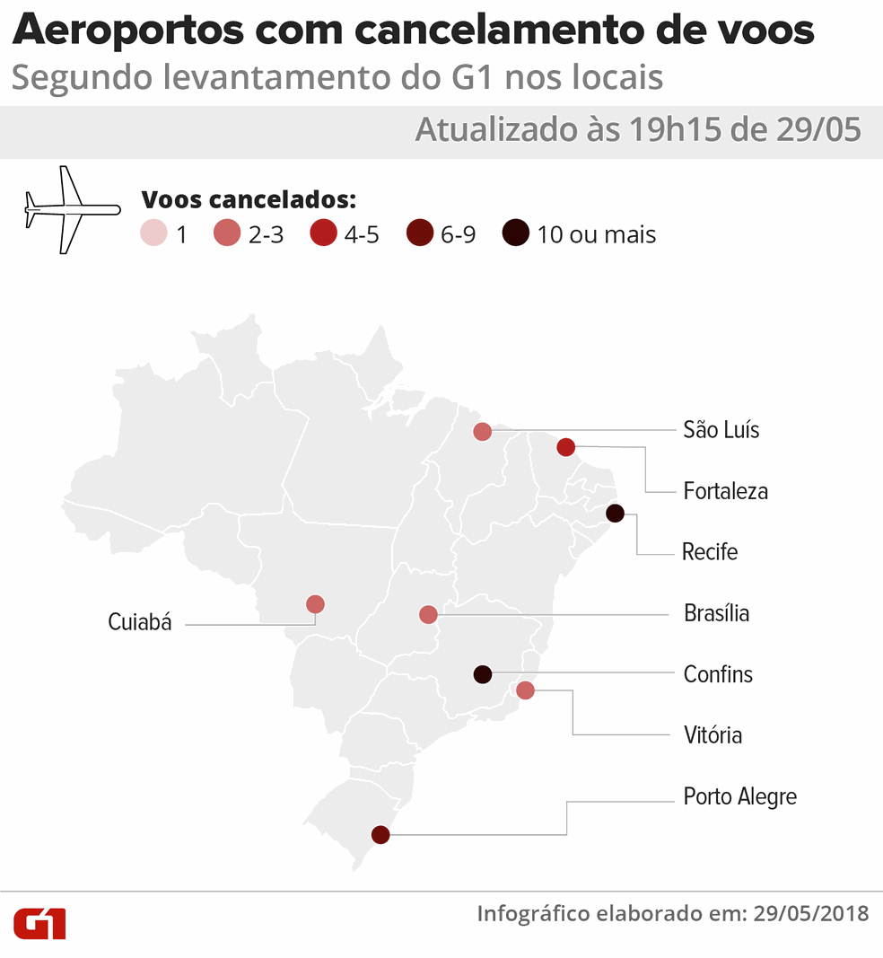 19h15: Mapa de voos cancelados em aeroportos do país nesta terça-feira (29 (Foto: Igor Estrella/G1)