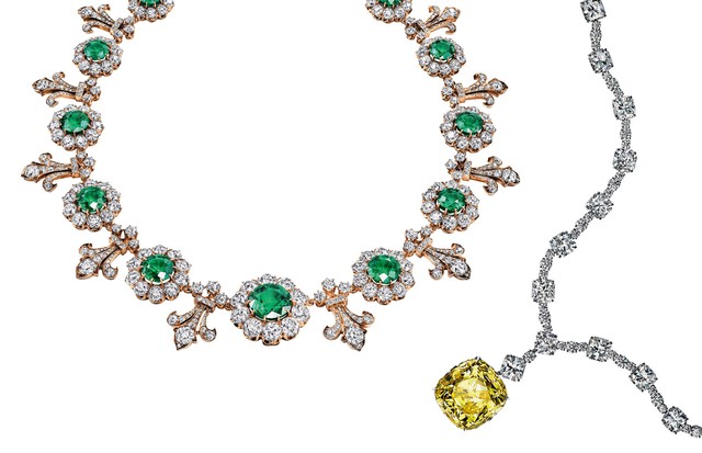 À esquerda, colar de ouro com diamantes e esmeraldas que pertenceu à rainha Isabella 2ª da Espanha. Ao lado, o Tiffany Diamond, um dos mais raros diamantes amarelos do mundo (Foto: Divulgação)