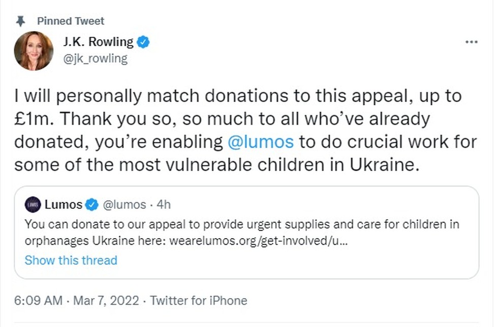 J.K. Rowling anuncia doação em prol de crianças ucranianas — Foto: Reprodução/Twitter
