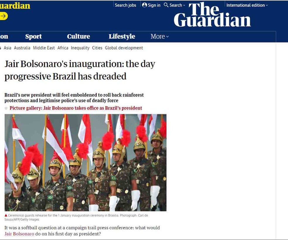 'The Guardian' chamou data da posse de 'o dia que Brasil progressista temia' — Foto: Reprodução/'The Guardian'