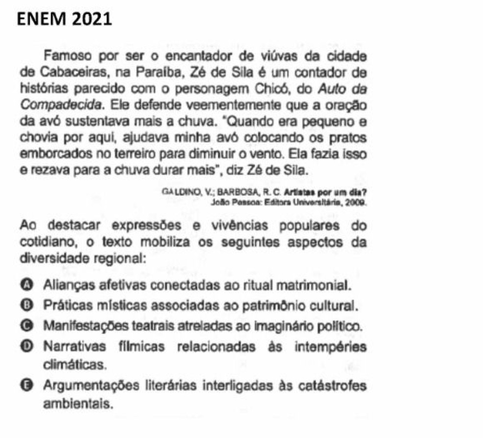 Paraibano 'Zé de Cila' é citado em questão do Enem 2021: 'me sinto muito feliz', disse — Foto: Reprodução/Enem