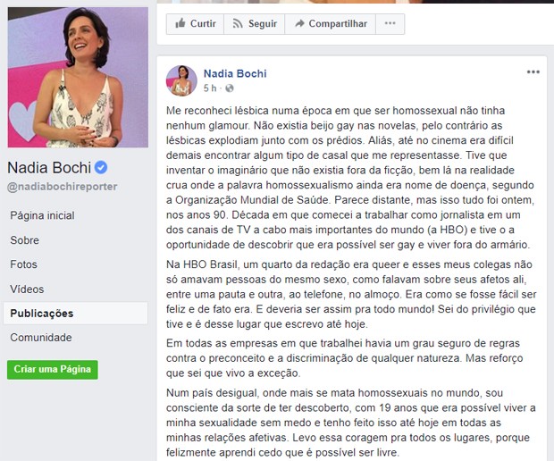 Nadia Bochi, repórter do Mais Você, se assume lésbica (Foto: Reprodução/Facebook)