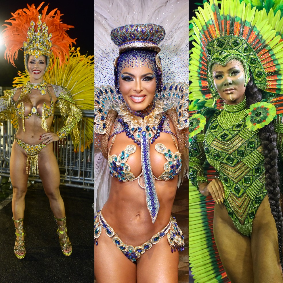 Ana Paula Minerato, Carla Prata e Juh Campos no desfile do carnaval de São Paulo 2023 — Foto: Montagem Leo Franco/Agnews / Fábio Tito/g1