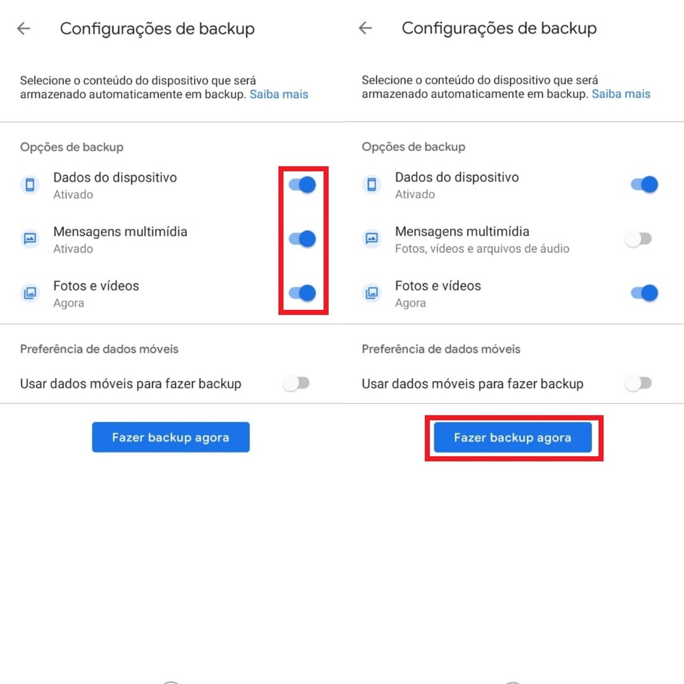 Selecione as opções de backup que desejar e toque sobre "Fazer backup agora" — Foto: Reprodução/Clara Fabro