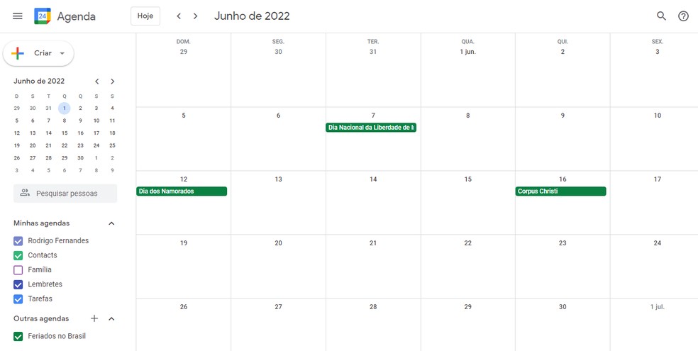 Tem feriado em junho de 2022? Google Agenda permite adicionar datas do calendário brasileiro — Foto: Reprodução/Rodrigo Fernandes