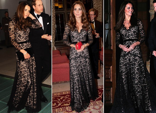 Kate Middleton com o vestido da grife Temperley London em janeiro de 2012, novembro de 2012 e em dezembro de 2013 (Foto: Getty Images)