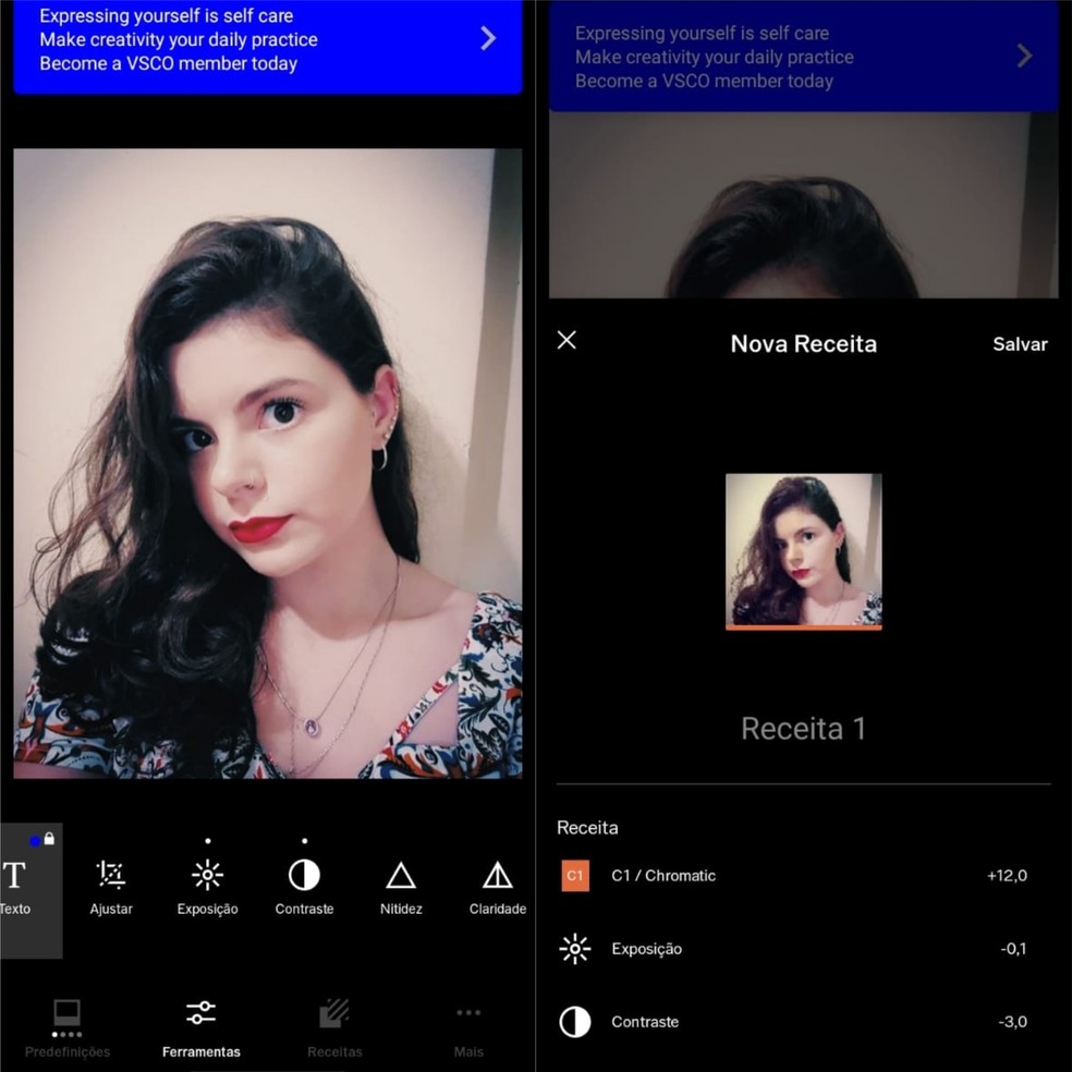 O VSCO possui uma função que permite salvar um passo a passo das edições para usá-las mais tarde com facilidade — Foto: Reprodução/Clara Fabro