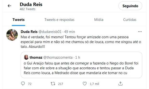 Gui Araújo diz que Nego do Borel o procurou para dizer que Duda Reis é louca (Foto: Reprodução/Twitter)