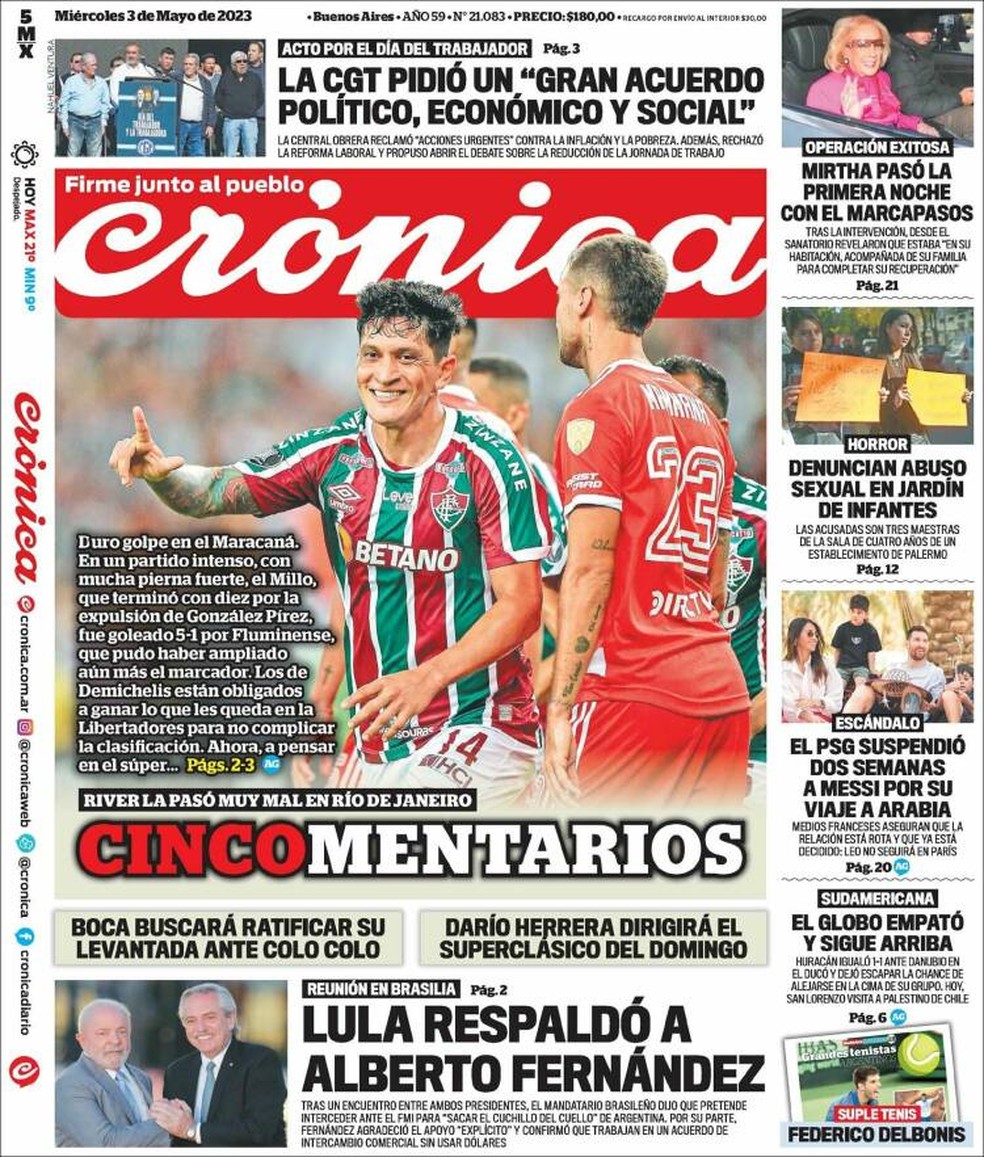 Capa do jornal "Cronica" após Fluminense x River Plate — Foto: Reprodução
