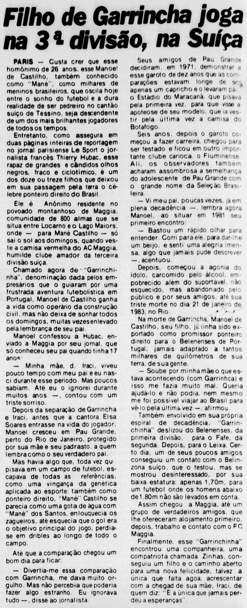 "Jornal dos Sports" reproduziu falas de Manoel ao "Le Sport" em 03/12/1987 — Foto: Reprodução/Jornal dos Sports