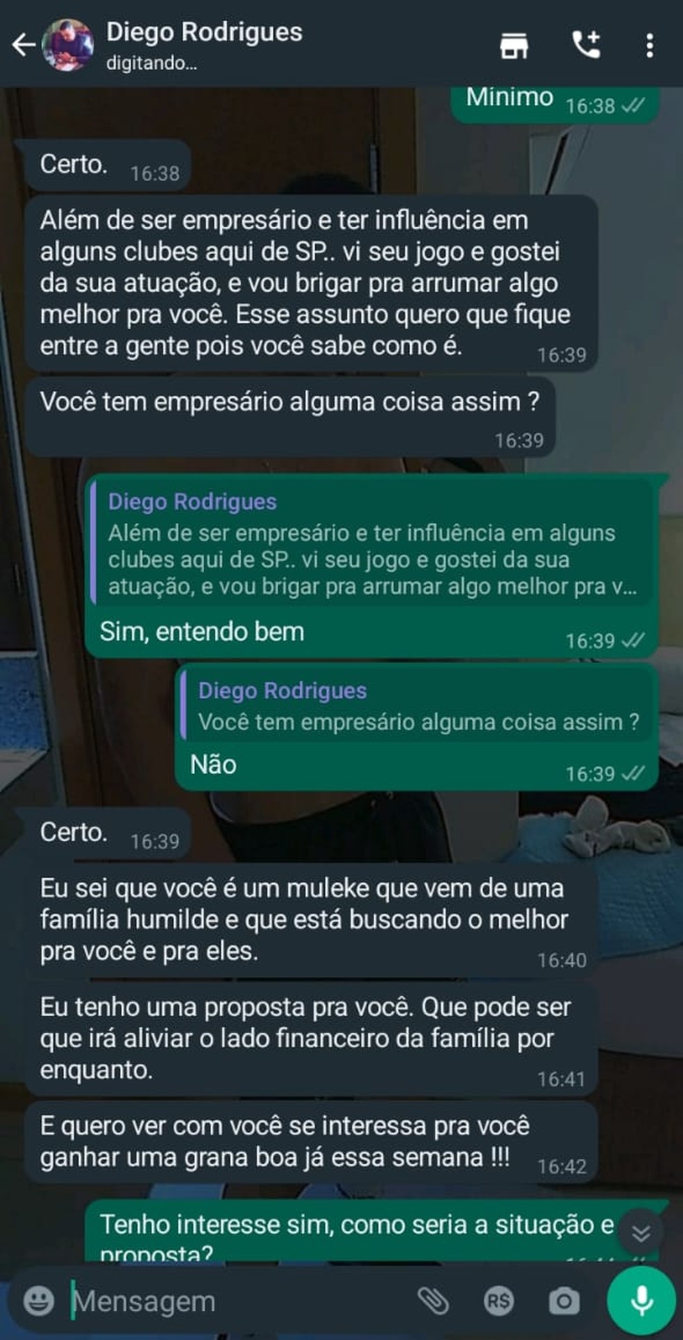 Conversa entre apostador e jogador do Real Ariquemes — Foto: Reprodução