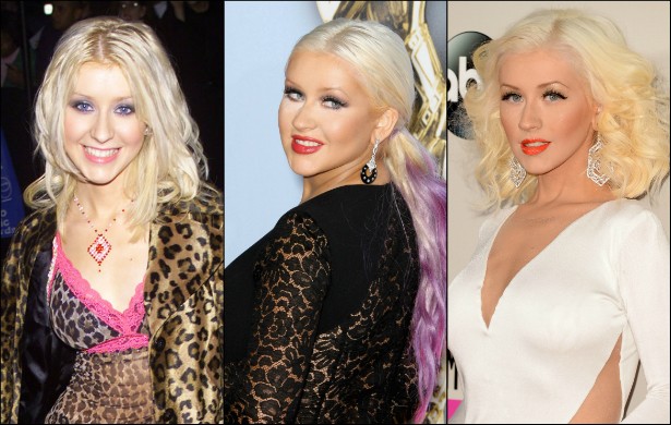 Christina Aguilera é uma mulher de fases. Às vezes está com tudo em cima, às vezes nem tanto. E não estamos falando simplesmente de ganho e perda de peso, mas de carisma, figurino adequado. Compare a figura da popstar em três momentos: setembro de 1998, com 17 aninhos (à esq.); setembro de 2012, com 31 (centro); e atualmente, com 33. (Foto: Getty Images)