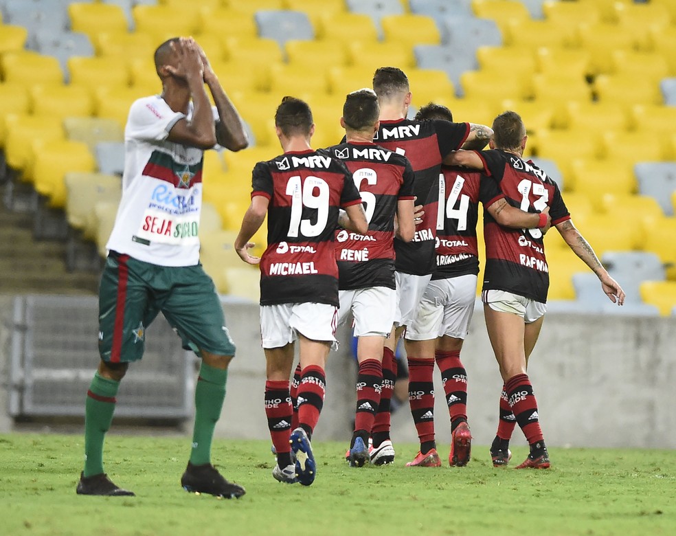 Time do Flamengo comemora um dos gols diante da Portuguesa — Foto: André Durão
