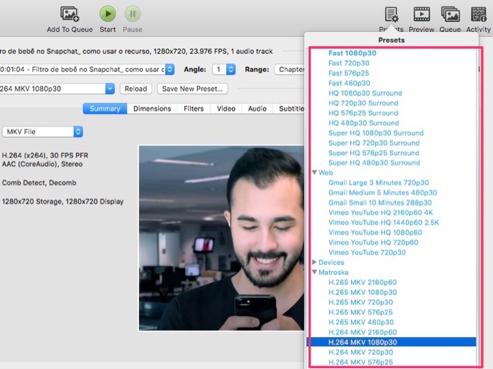 Ação para escolher um preset de conversão para vídeos do software HandBrake — Foto: Reprodução/Marvin Costa
