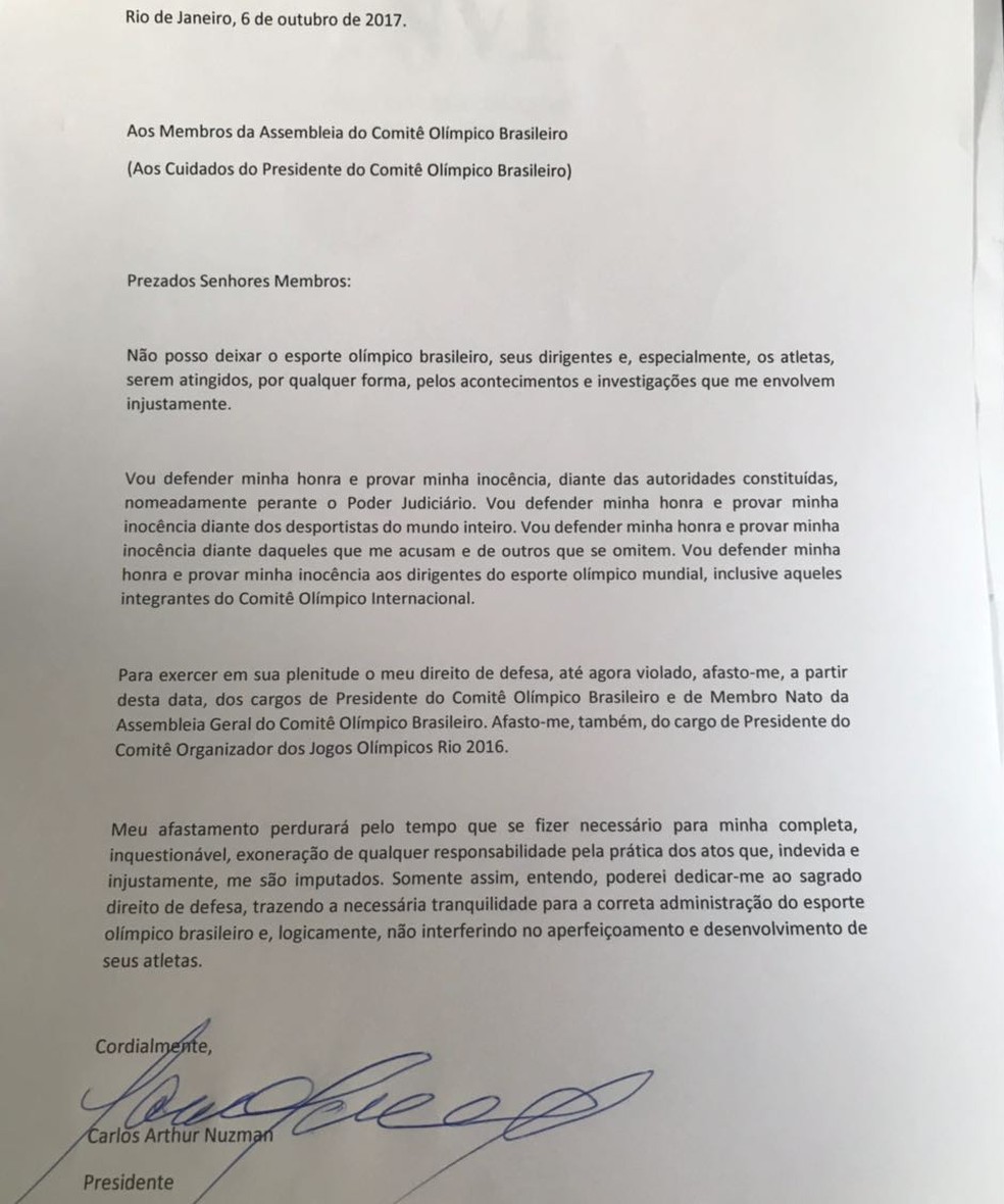 Carta de Nuzman pedindo afastamento do COB (Foto: Reprodução)