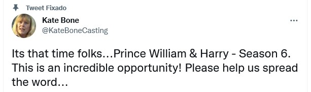 O post da diretora de elenco de The Crown anunciando a procura por jovens parecidos com os príncipes William e Harry (Foto: Twitter)