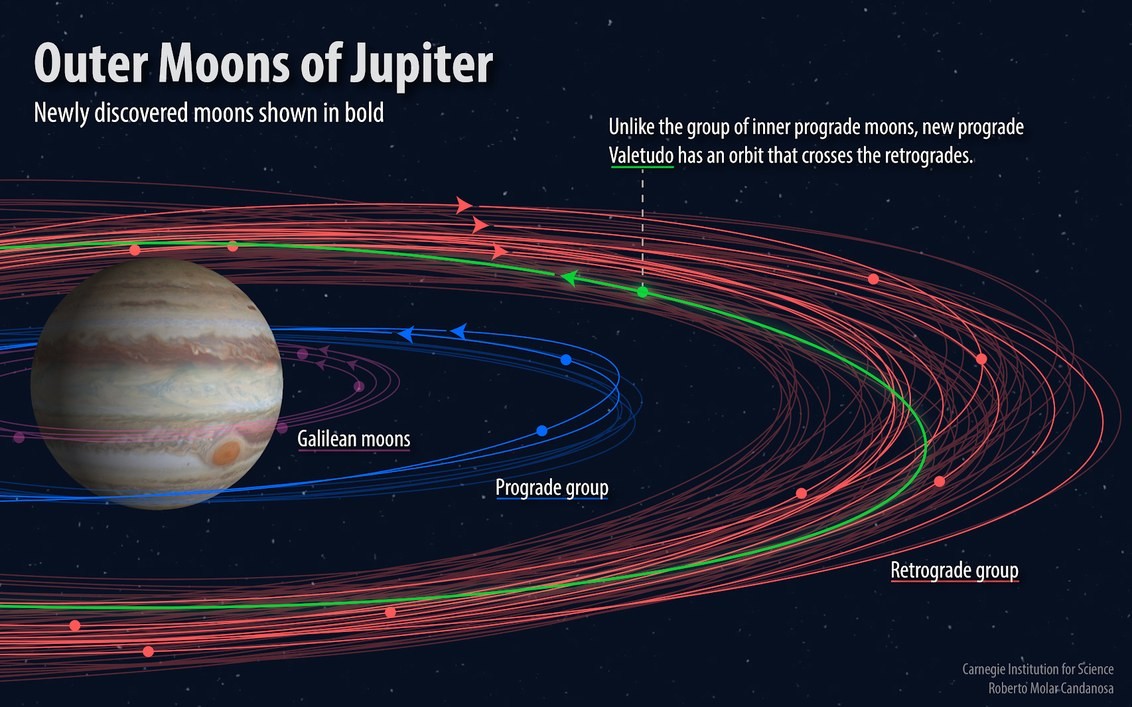 Esquema mostra como as luas de Júpiter podem estar classificadas e onde se localizam (Foto: ROBERTO MOLAR-CANDANOSA/CARNEGIE INSTITUTION FOR SCIENCE)