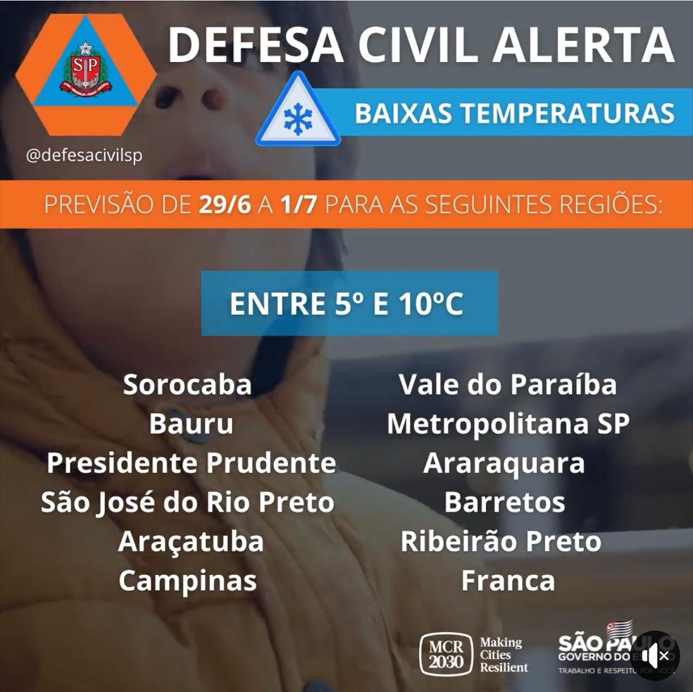 Alerta para baixas temperaturas foi feita pela Defesa Civil de São Paulo  — Foto: Divulgação/Defesa Civil 