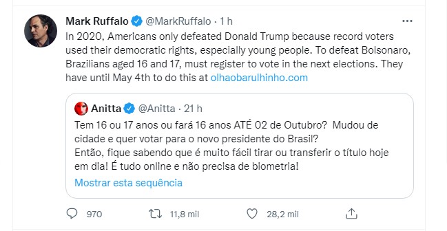 O tweet de Mark Ruffalo (Foto: Reprodução Twitter)