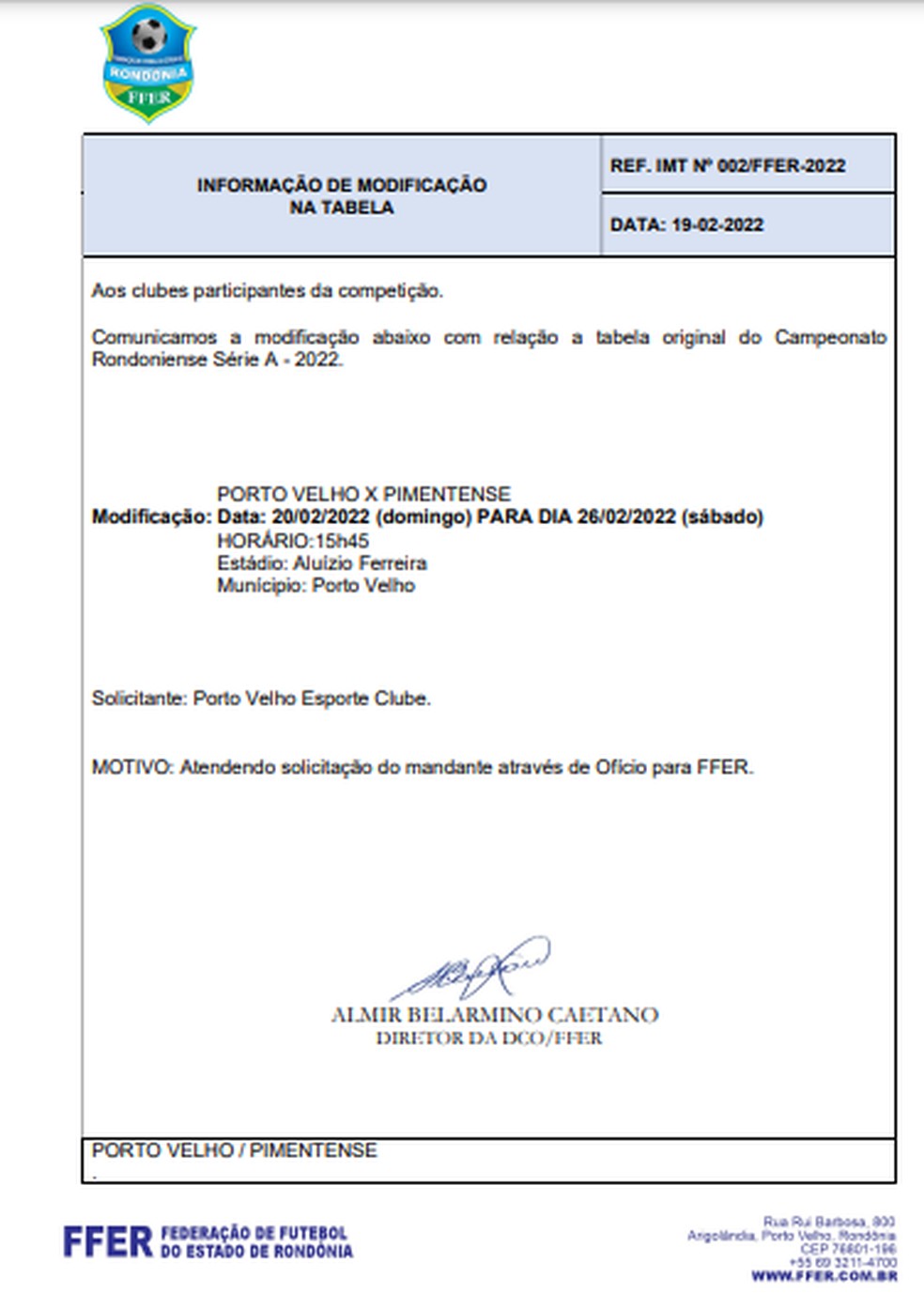 Modificação de Porto Velho x Pimentense (Foto: FFER)