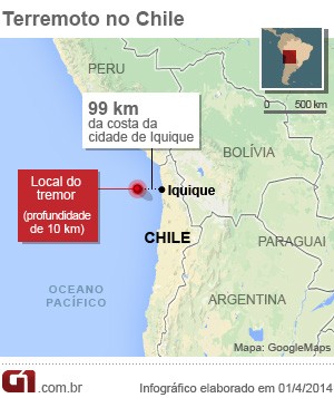 vale este - mapa terremoto chile 1/4 (Foto: Arte/G1)