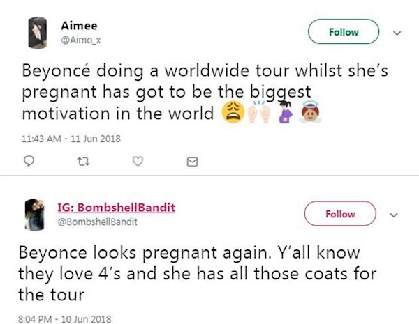 Fãs de Beyoncé comentando a suposta terceira gravidez da artista (Foto: Twitter)