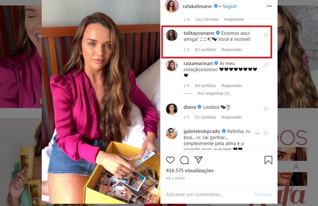 A atriz Talita Younnan, que fez 'Malhação' e 'O tempo não para', torce para Rafa Kalimann (Foto: Reprodução/Instagram)