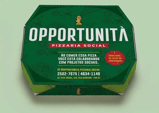 Caixas de pizza da Opportunitá Pizzaria Social levarão história e missão do negócio até a casa do consumidor (Foto: Divulgação)