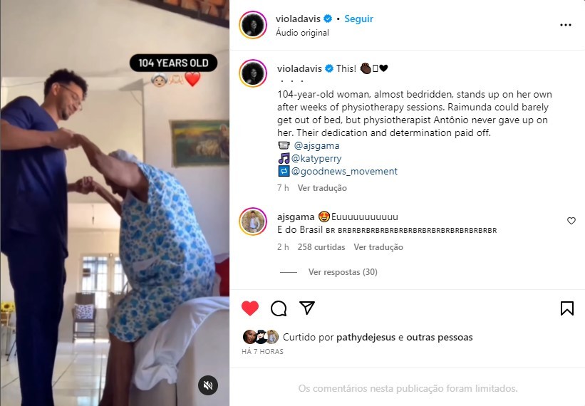 Viola Davis republica vídeo de idosa que aos 104 anos voltou a levantar com fisioterapia: ‘dedicação e determinação'