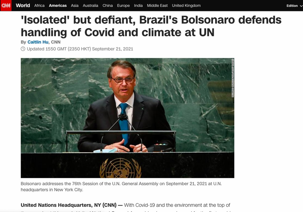 'Isolado', mas desafiador, Bolsonaro defende como lidou com a Covid e o clima na ONU — Foto: Reprodução/CNN