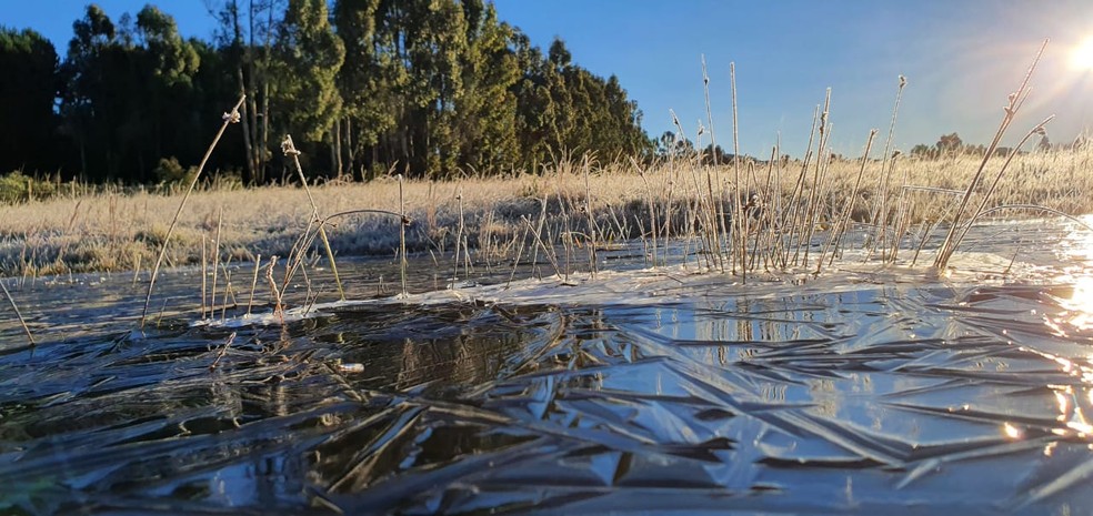 Fina camada de gelo formou-se sobre o lago em São Joaquim — Foto: Mycchel Legnaghi/São Joaquim Online