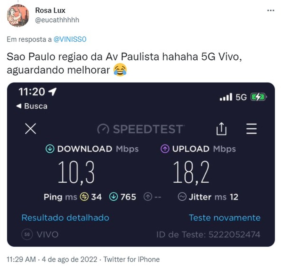Usuário comenta chegada do sinal 5G à cidade de São Paulo nesta quinta-feira (4) — Foto: Reprodução/Twitter