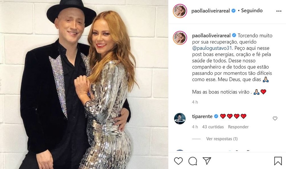Paolla Oliveira diz que está "torcendo muito" pela recuperação de Paulo Gustavo — Foto: Instagram/Reprodução