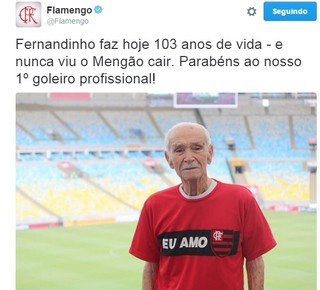 Fla parabeniza ex-goleiro de 103 anos e provoca: Nunca viu Mengão cair