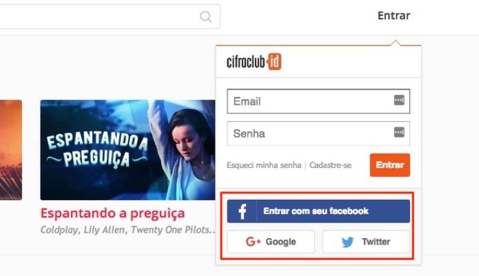 Opções de login para usar o site Ouvir Música no computador — Foto: Reprodução/Marvin Costa