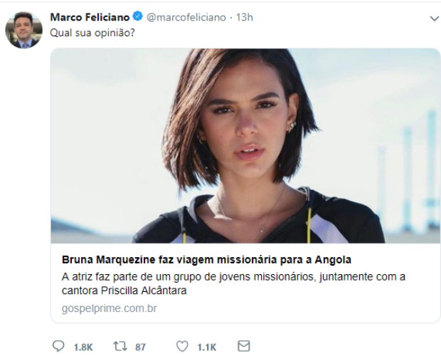 Marco Feliciano questiona viagem de Bruna Marquezine e Priscilla Alcantara à África (Foto: Twitter/Reprodução)