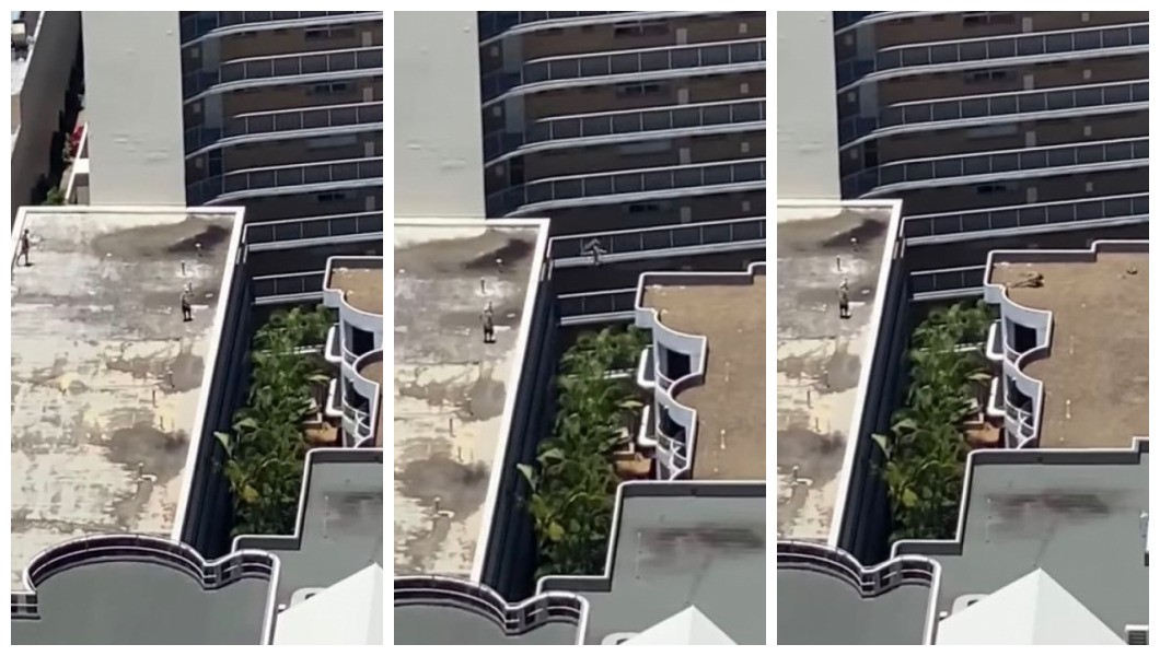 O flagrante do salto no vãos de 5 metros entre prédios na Austrália (Foto: Reprodução)
