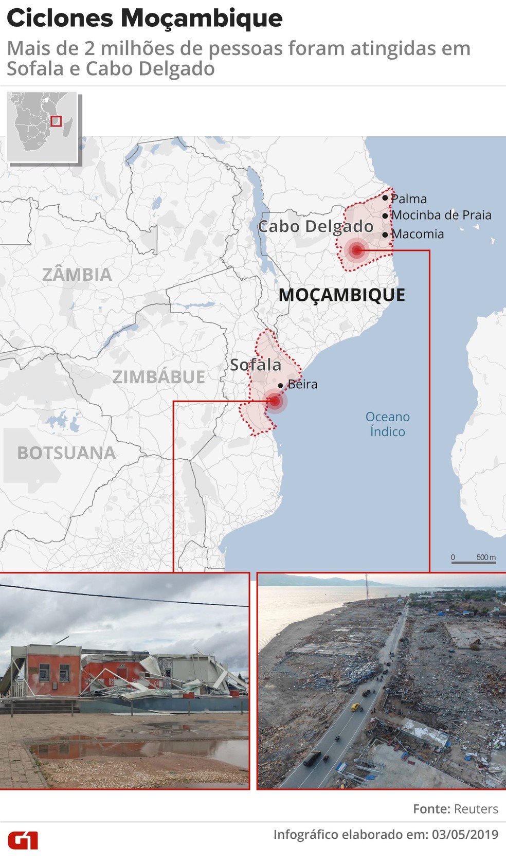 Dois ciclones atingiram Moçambique este ano — Foto: Infografia: Wagner Magalhães/G1