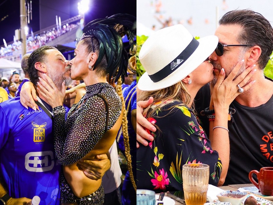 Adriane Galisteu ganha beijo do marido em ensaio da Portela após dia romântico