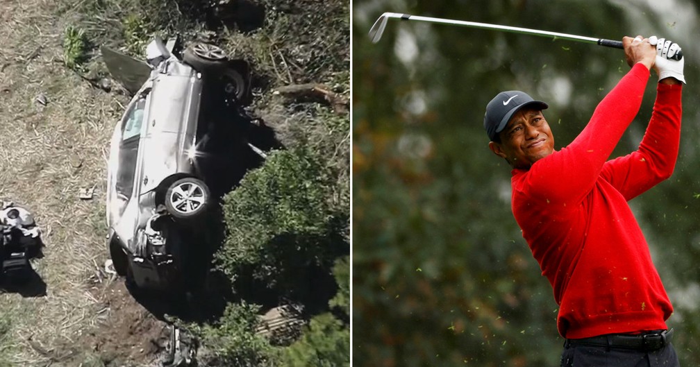 Jogador de golfe Tiger Woods é hospitalizado após acidente de carro nos EUA. — Foto: Reprodução/GloboNews e Mike Segar/Reuters