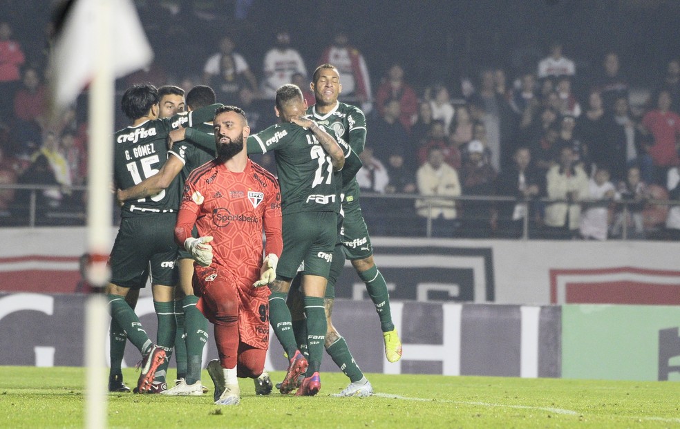 Jogadores do Palmeiras comemoram gol da virada sobre o São Paulo — Foto: Marcos Ribolli
