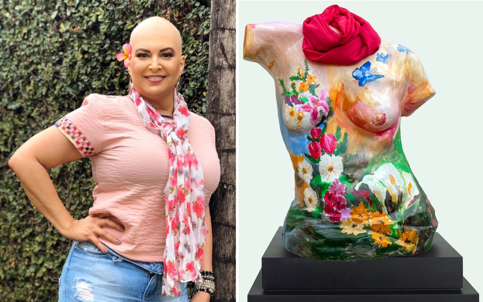 Cláudia Melo, que enfrenta câncer de mama, ganhou busto em homenagem à sua luta  — Foto: Marcella Cupaiuolo e Coletivo Pink/Reprodução