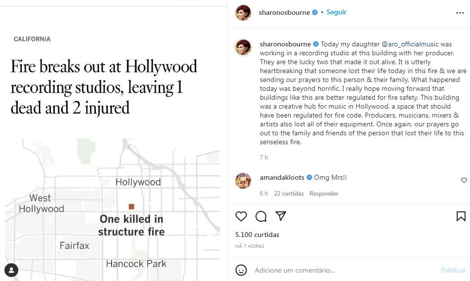 Sharon Osbourne fala sobre incêndio que quase matou sua filha, Aimee, em Hollywood (Foto: Reprodução / Instagram)