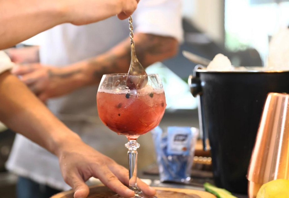 Receita de gin tônica com frutas vermelhas e pimenta rosa deve ser servida em taça apropriada para o drinque