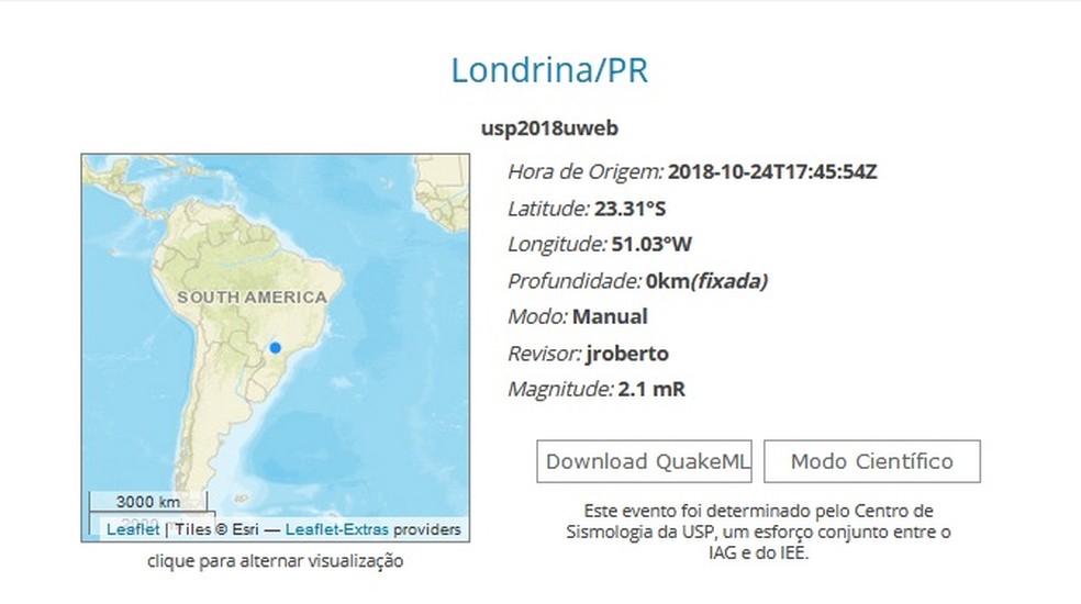 RegiÃ£o de Londrina, no norte do ParanÃ¡, registrou tremor de 2,1 graus na escala Richter, segundo USP â€” Foto: ReproduÃ§Ã£o/Centro de Sismologia da USP
