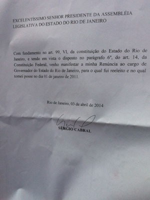 Carta enviada por Cabral ao presidente da Alerj, deputado Paulo Melo (Foto: Lívia Torres/ G1)