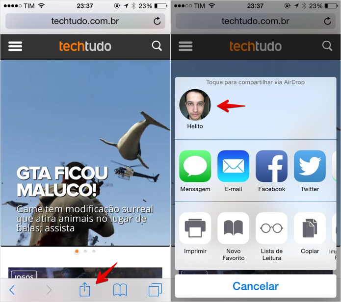Enviando arquivos pelo AirDrop no iOS (Foto: Reprodução/Helito Bijora) 