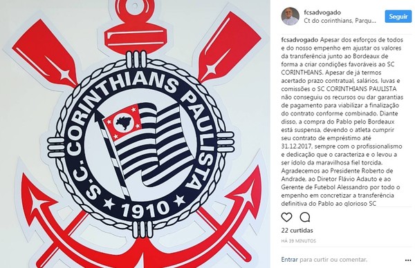 Empresário se irrita e diz que acordo entre Corinthians e Pablo está suspenso
