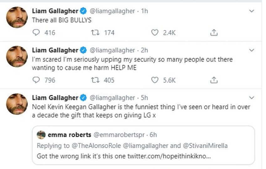 Os tuítes de Liam Gallagher ironizando as declarações feitas por seu irmão Noel Gallagher (Foto: Twitter)